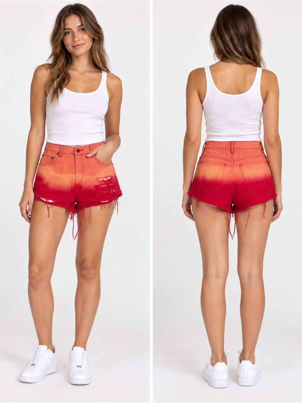 Style & Co. Ombre Red to Orange Distressed High-Rise Denim Shorts
